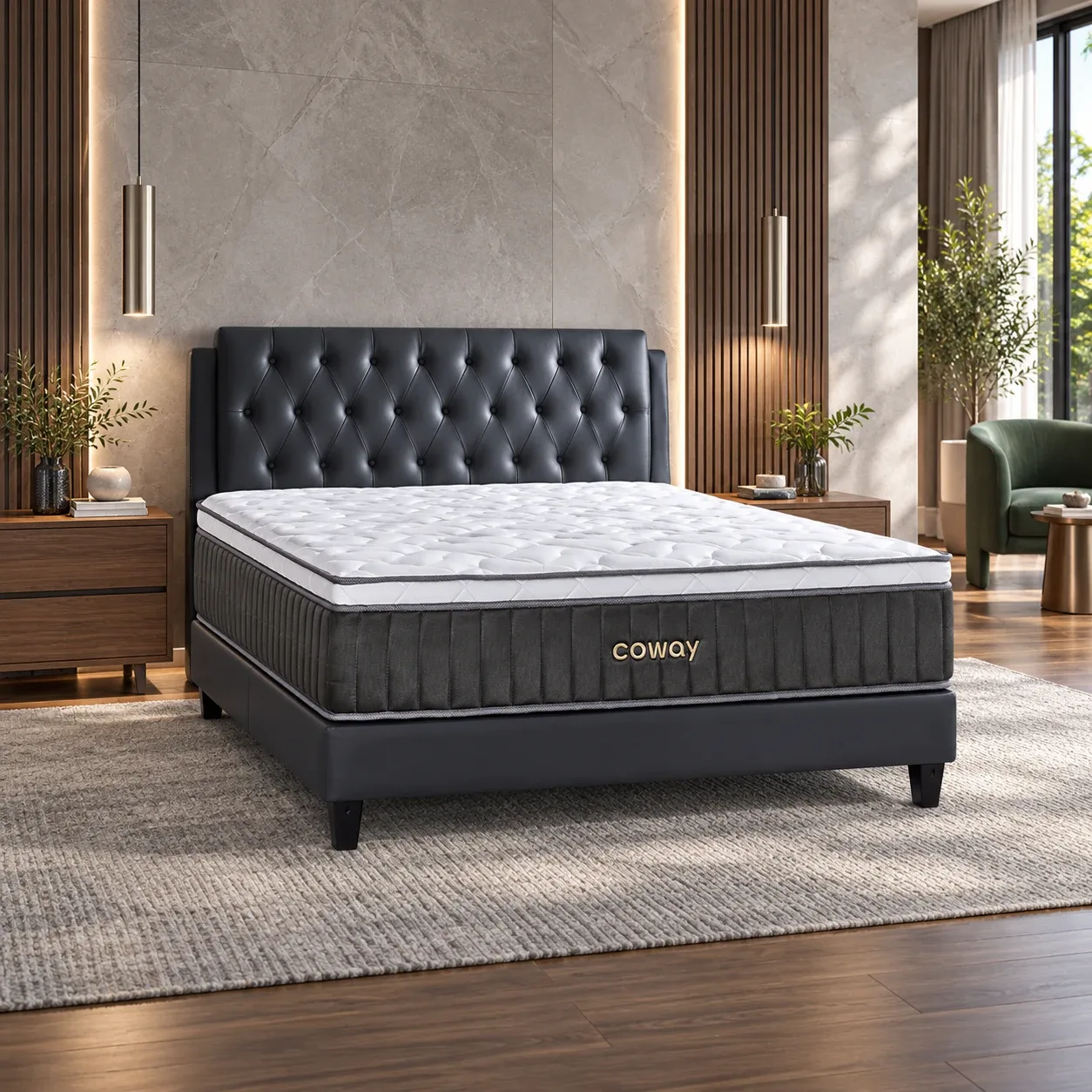 Coway Prime II Series Mattress in Dark Grey PU Leather Frame — Queen / King