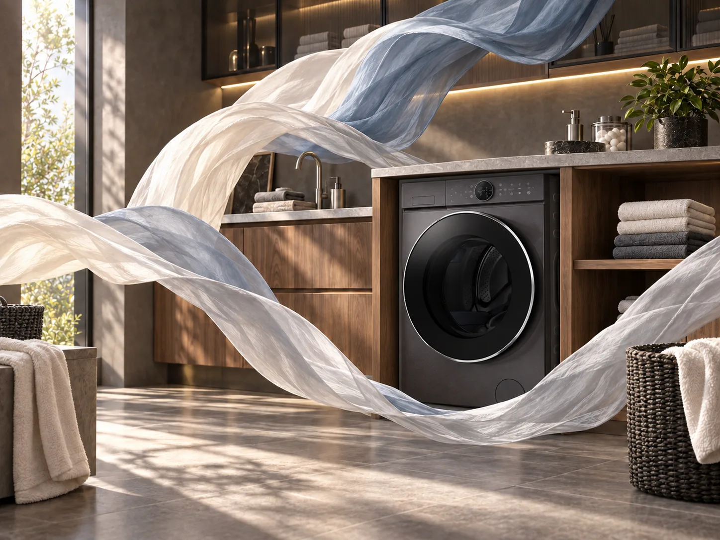 Graphite Coway washer dryer integrated into walnut laundry cabinetry