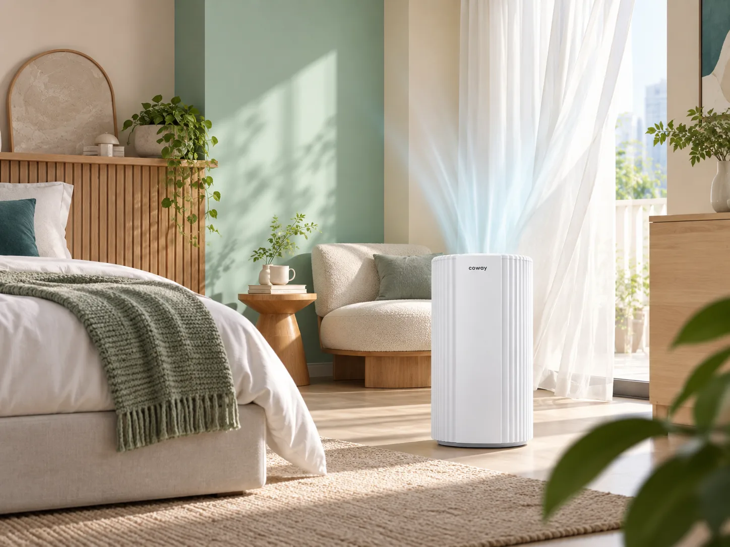 Coway Studio air purifier in a calm bedroom lounge